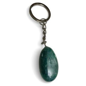VINTAGE NATURAL JADE GREEN MINERAL STONE OR MOSS AGATE QUARTZ KEYCHAIN PENDANT